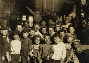 Indianapolis Newsboys waiting for the Base Ball edition, in a Newspaper office. 1908