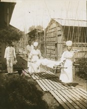 Japanese nurses carrying a patient on a stretcher 1905
