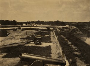 Mounted guns and ammunition around the perimeter of a fort 1863