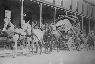 Mule team of 12th Infantry pulling loaded wagon on hike to Pine Plains 1908