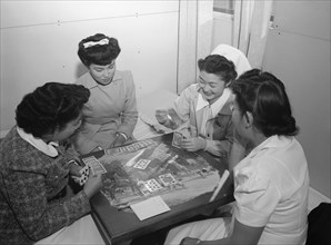 Bridge game, Nurse Aiko Hamaguchi, Nurse Chiye Yamanaki, Miss Catherine Yamaguchi, Miss Kazoko Nagahama 1943