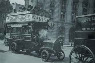 Omnibus on London Thoroughfare carries Advertisements for Japanese British Exhibition