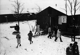 People leaving Buddhist church, winter II 1943