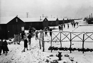People leaving Buddhist church, winter 1943