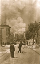 Looking down at Street at a burning city after the earthquake 1906