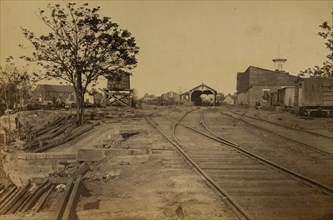 Railroad tracks leading in to a United States Military Railroad station. 1863