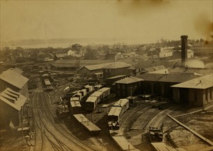 Bird's eye view of machine shops, with east yard of Orange & Alexandria Railroad 1863