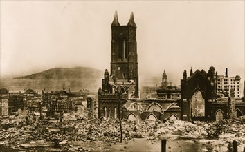 Ruins of San Francisco after earthquake and fire, April 18 - 21, 1906, view from Stanford Mansion site & Grace Church 1906