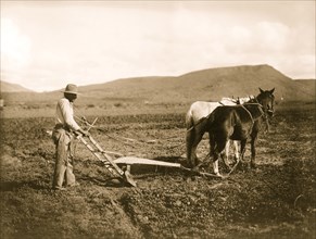 Sacaton Indian Reservation. Indian plowing his land 1920