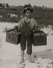 Salvin Nocito, 5 years old, carries 2 pecks of cranberries for long distance to the "bushel-man." Whites Bog, Browns Mills, N.J. 1910