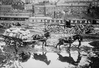 South Wales sees Coal Strike - Wagon of food are called upon to feed pit ponies 1911