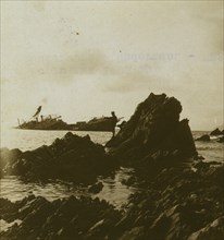 Japanese vessel wrecked on rocks below  Port Arthur 1905