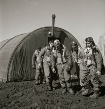 Tuskegee airmen exiting the parachute room, Ramitelli, Italy, March 1945 1945