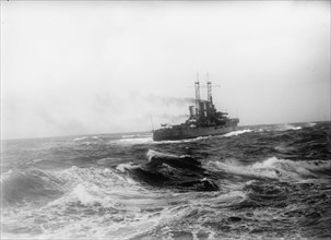 US Navy Battleship in a Stormy Sea