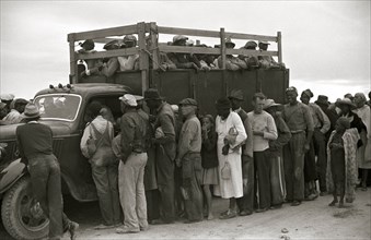 Vegetable workers, migrants, waiting after work to be paid. Near Homestead, Florida 1939