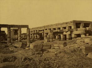 view from the rear of the Festival Hall of the Temple of Thutmose III, showing clerestory windows, Thebes. 1880