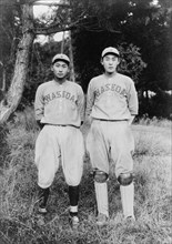 Waseda University Baseball Team from Japan, catcher J. Nagano and second baseman J. Kuji 1921