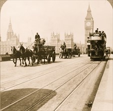 Westminster Bridge and Houses of Parliament, London, England 1909