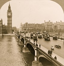 Westminster Bridge - west past clock tower of Houses of Parliament, London, England 1926
