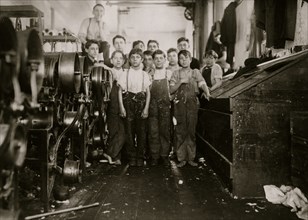 Immigrant Young doffer and spinner boys in Seaconnet Mill.  1912