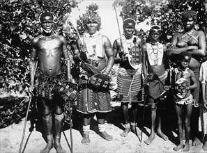 Zulu warrior tribesmen with spears and shields