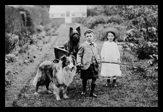 Boy and Girls with Two Dogs and a Wagon 1900