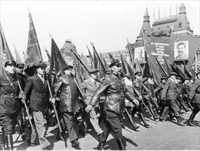 The nov, 7th parade of veterans of 1917 october revolution, at red square, moscow, in late 1930s.