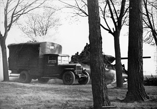 World war 2, soviet t-34 tank and a supply truck on the march, ukraine.