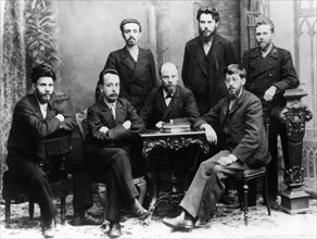 Vladimir ilyich ulyanov (lenin) with fellow members of the st, petersburg 'league of struggle for the emancipation of the working class', st, petersburg, 1897, (left to right) standing - a,l, malchenk...