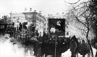 Anti-religious demonstration called the komsomol christmas  organized by the young communist league (komsomol), moscow, ussr, 1923.