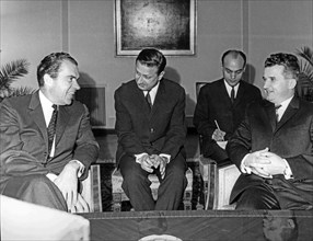 Romanian president ceausescu and u,s, president nixon during the official talks at the state council palace, in aug, 1969.