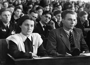 Delegates to 11th young communist league (komsomol) congress at the kremlin palace of congresses, moscow, ussr, 1949.