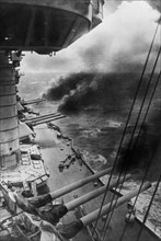 Black sea fleet, a soviet battleship firing during an engagement on the black sea during world war 2.