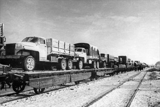 A trainload of trucks arriving for the first polish corps in the ussr (the genrikh dombrovsky 2nd division), the trucks are american, sent as part of the lend-lease program.