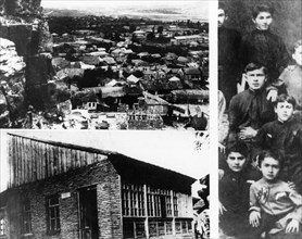 Top - a view of gori, the town in georgia where joseph stalin was born, december 21, 1879, bottom - the house in which stalin was born and spent his childhood, right - a group of gori school children,...