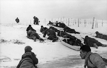 Red army troops move past frosty barbed wire dragging sleds with machine-guns on the leningrad front.