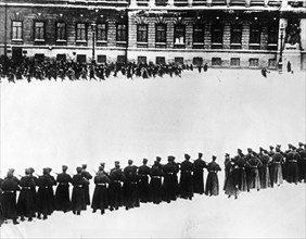 Bloody sunday', tsar nicholas ll's troops shooting demonstrators outside of the winter palace in st, petersburg, russia, january 22, 1905, still taken from the 1925 soviet film 'the ninth of january'.