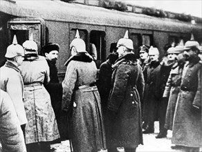 The russian delegation including leo trotsky, being greeted by the germans upon their arrival at brest-litovsk, december 27, 1917.