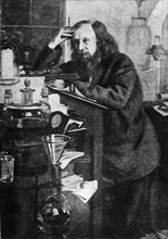 Dimitri ivanovich mendeleev, 1834 - 1907, the famous russian chemist in the laboratory of petersburg univesity.