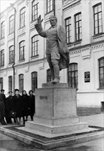 A monument to sergei mironovich kirov in kazan, tatar autonomous republic, it stands in front of the building of the chemical technological institute bearing his name, this building once housed a tech...