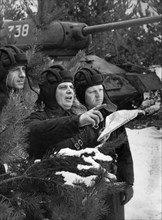 World war 2, soviet tank crew consulting a map in ukraine.