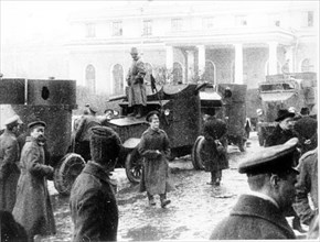 The red guards with armored cars during the days of the great october revolution, 1917.
