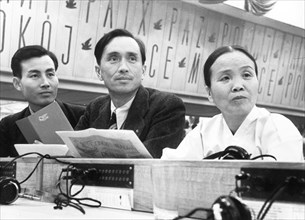Nov, 1950 warsaw, poland: second world congress of defenders of peace, shown here are the delegates of the korean people's democratic republic at the congress.