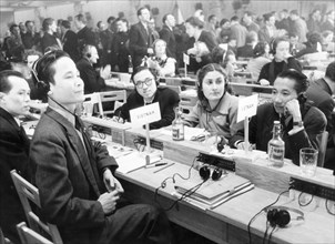 Nov, 1950 warsaw, poland: second world congress of defenders of peace, shown here is the delegation of democratic republic of vietnam in the assembly hall of the congress.
