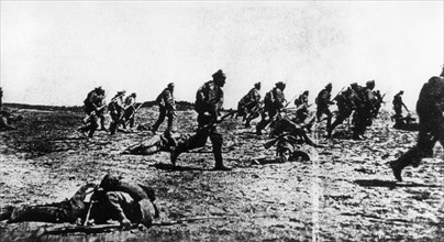 Russian soldiers on the offensive on the south western front, world war one.