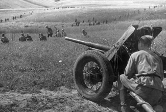 World war 2, artillery and infantry of the first ukrainian front.