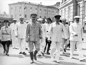 Red square, moscow, ussr july 24 1936, all-union physical culture parade, left to right, leaving kremlin to go to red square: nikolay yezhov (head of nkvd), dimitrov (third  row), l,m, kaganovich, jos...