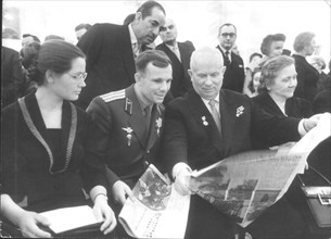 Yuri gagarin and his wife (left) with nikita khrushchev at areception held in his honor at the grand kremlin palace on april 14, 1961.