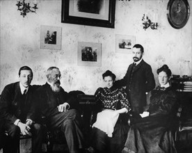 Igor stravinsky (far left) with rimsky-korsakov and his first wife, catherine (far right), 1907.