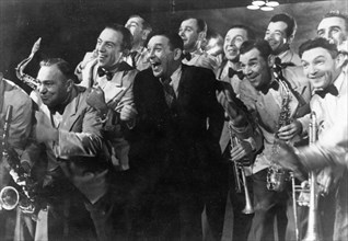 Singer leonid utyosov with his jazz band, 'the jolly fellows' (the merry lads) from the film of the same name, 1930s.